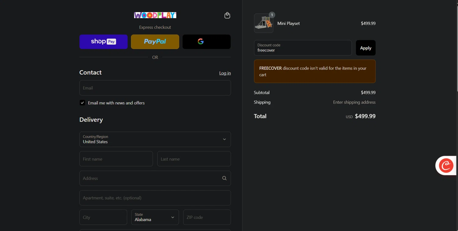 Woodplay Playsets promo code screenshot showing code freecover applied at Woodplay Playsets checkout page. Uploaded by SimplyCodes community member Ray_YNN on Aug 16, 2025