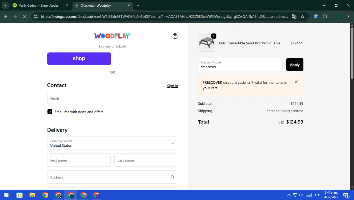 Woodplay Playsets promo code screenshot showing code freecover applied at Woodplay Playsets checkout page. Uploaded by SimplyCodes community member rodri1 on Dec 4, 2025