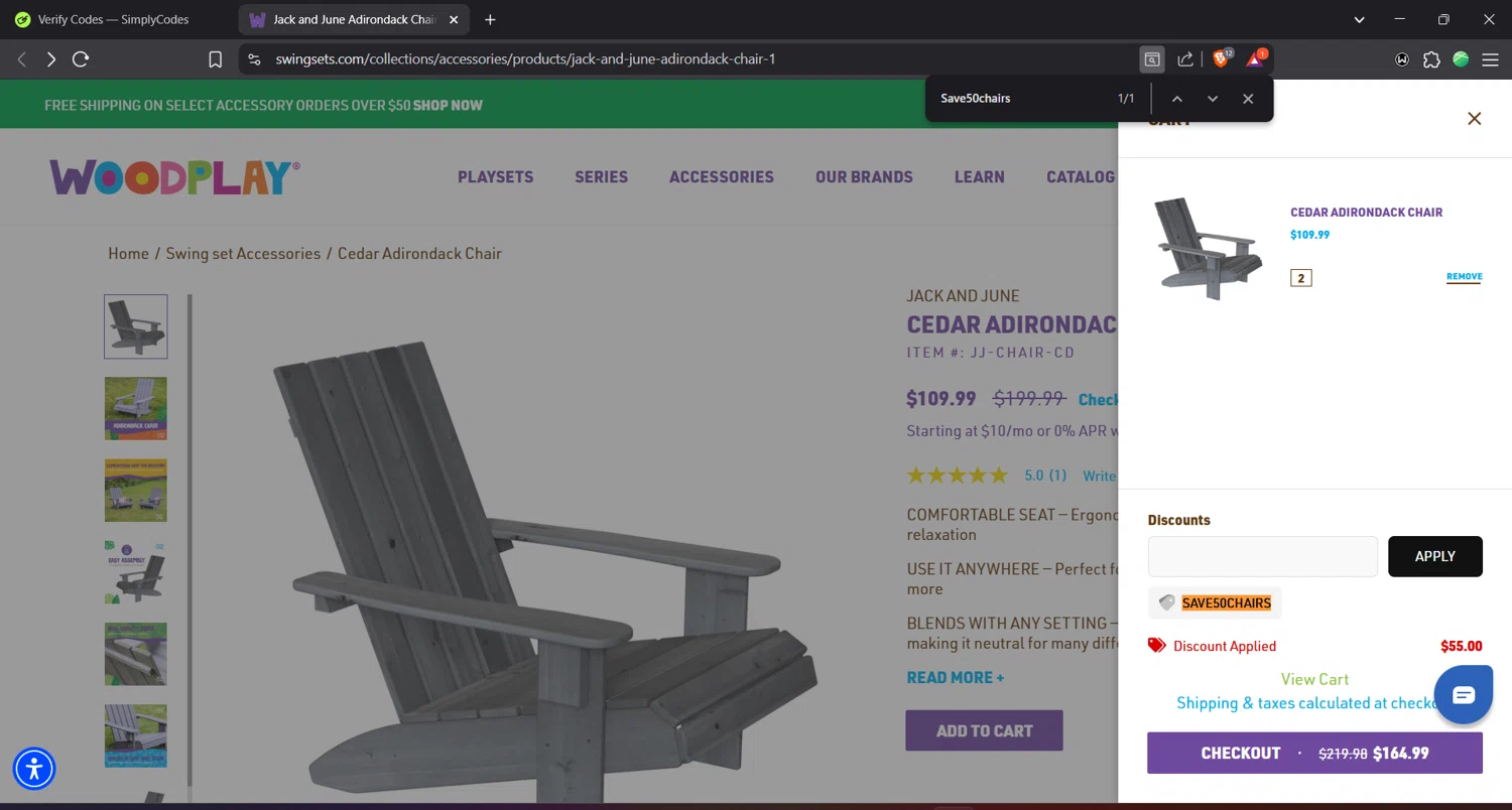 Woodplay Playsets promo code screenshot showing code Save50chairs applied at Woodplay Playsets checkout page. Uploaded by SimplyCodes community member Focus_123 on Apr 24, 2025
