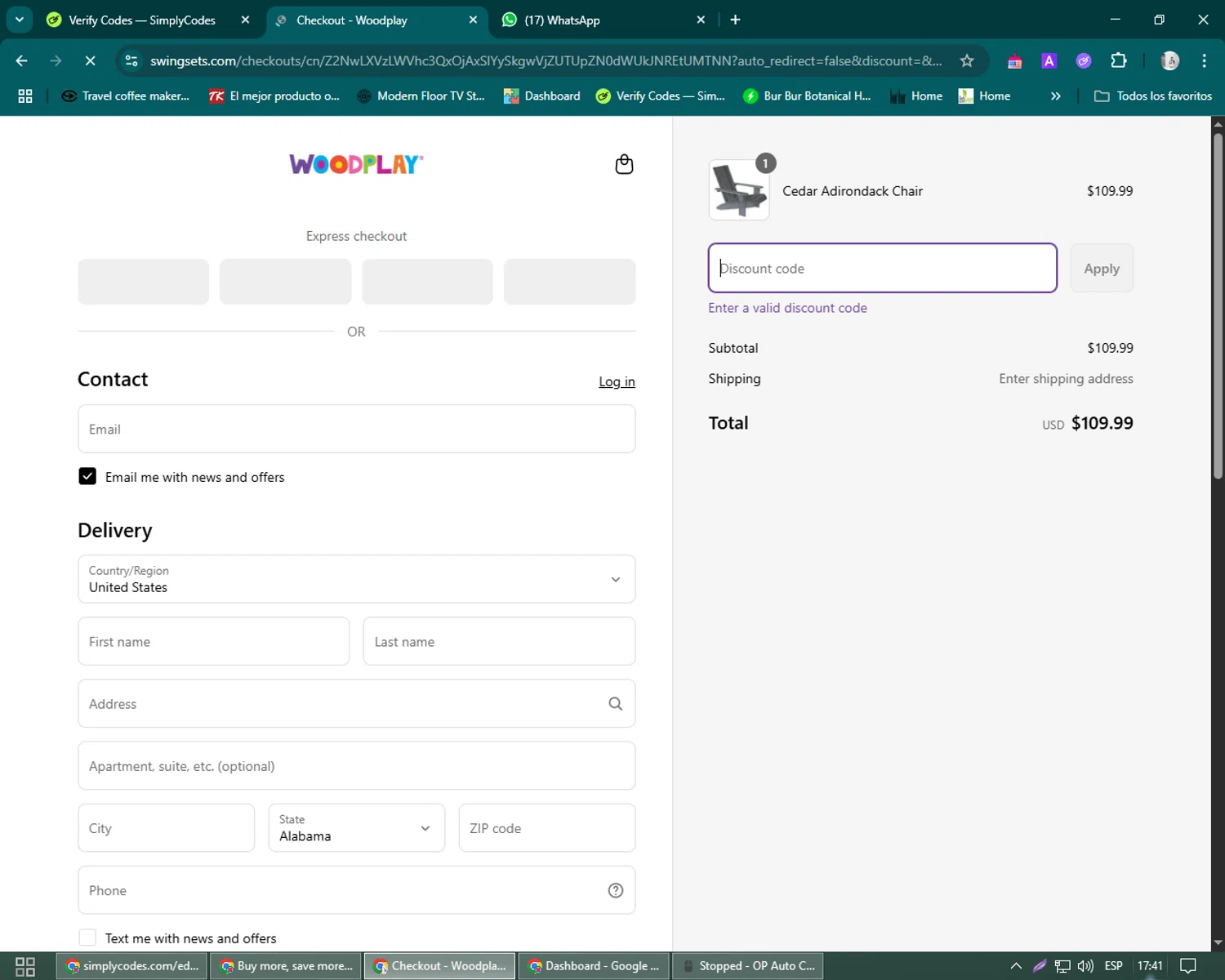 Woodplay Playsets promo code screenshot showing code Save50chairs applied at Woodplay Playsets checkout page. Uploaded by SimplyCodes community member John_Johnson on May 12, 2025
