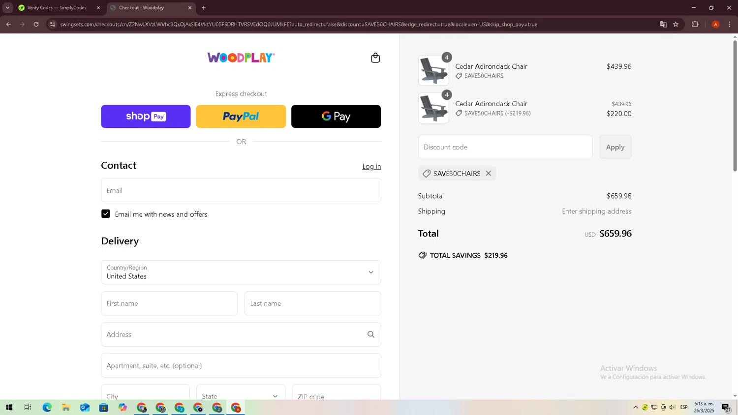 Woodplay Playsets promo code screenshot showing code Save50chairs applied at Woodplay Playsets checkout page. Uploaded by SimplyCodes community member zxxx27 on Mar 26, 2025