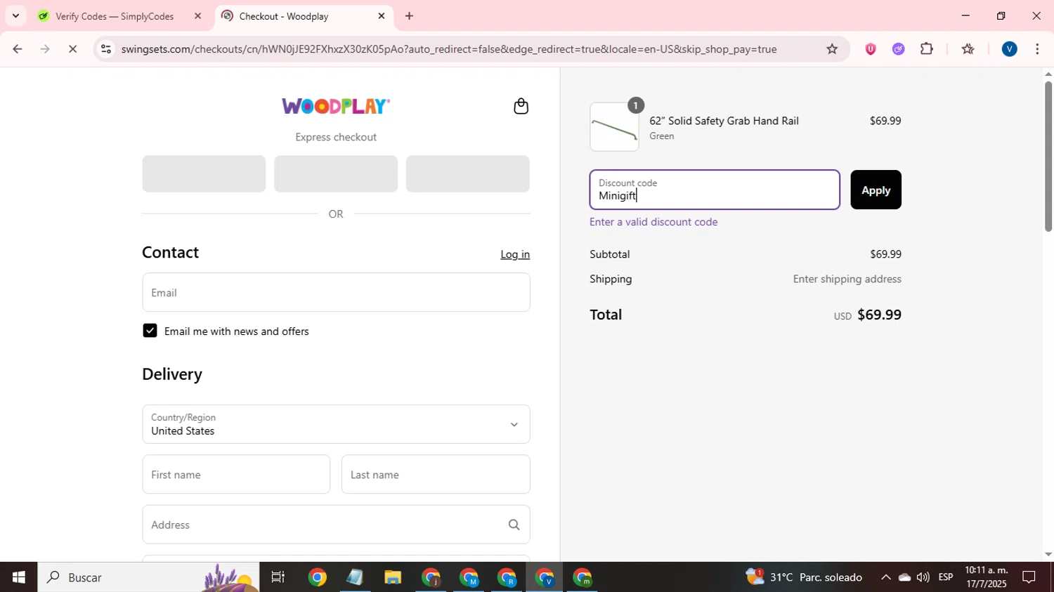 Woodplay Playsets promo code screenshot showing code Minigift applied at Woodplay Playsets checkout page. Uploaded by SimplyCodes community member CrownTitan5376 on Jul 17, 2025