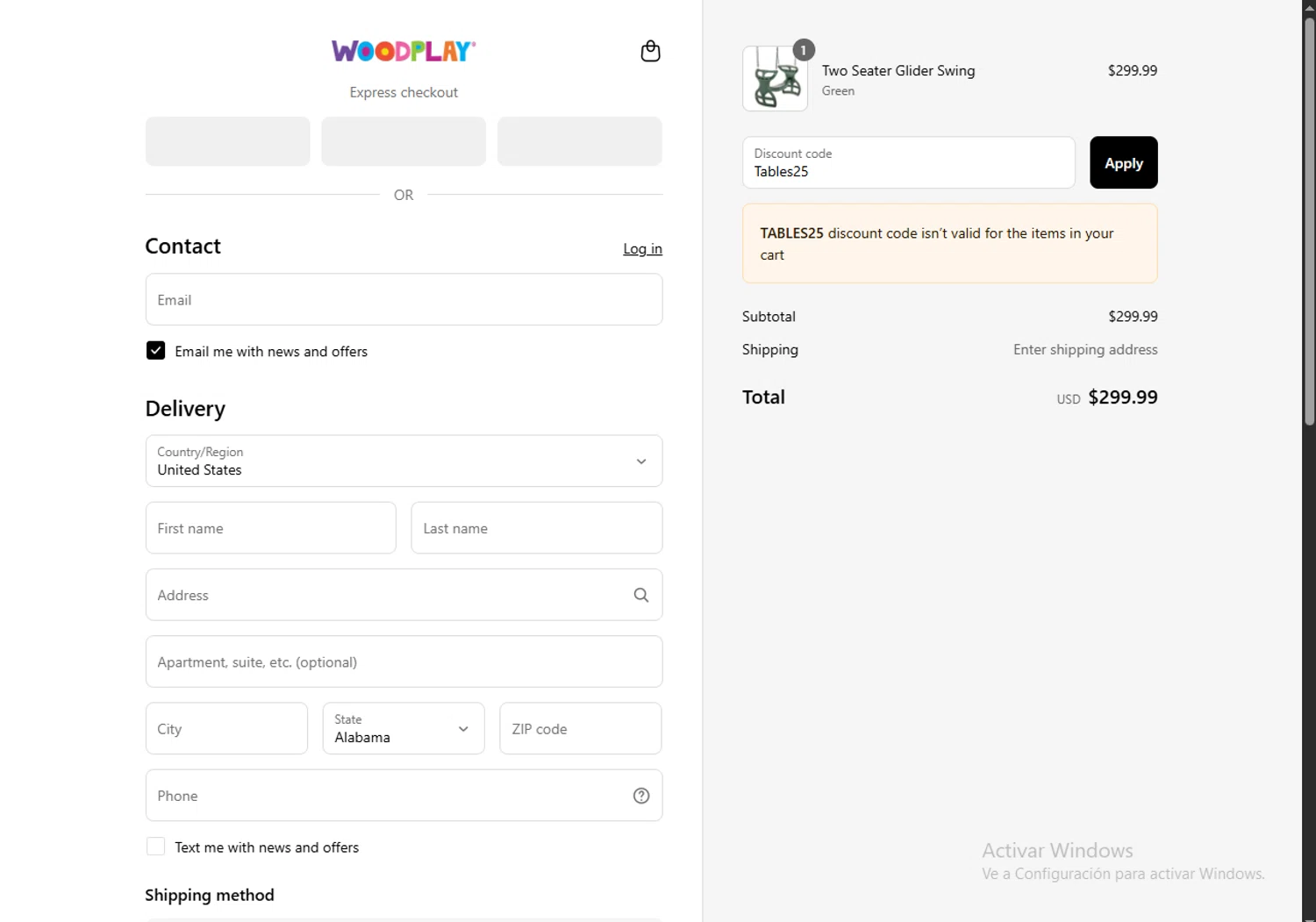 Woodplay Playsets promo code screenshot showing code Tables25 applied at Woodplay Playsets checkout page. Uploaded by SimplyCodes community member WonderVirtuoso3484 on Aug 26, 2025