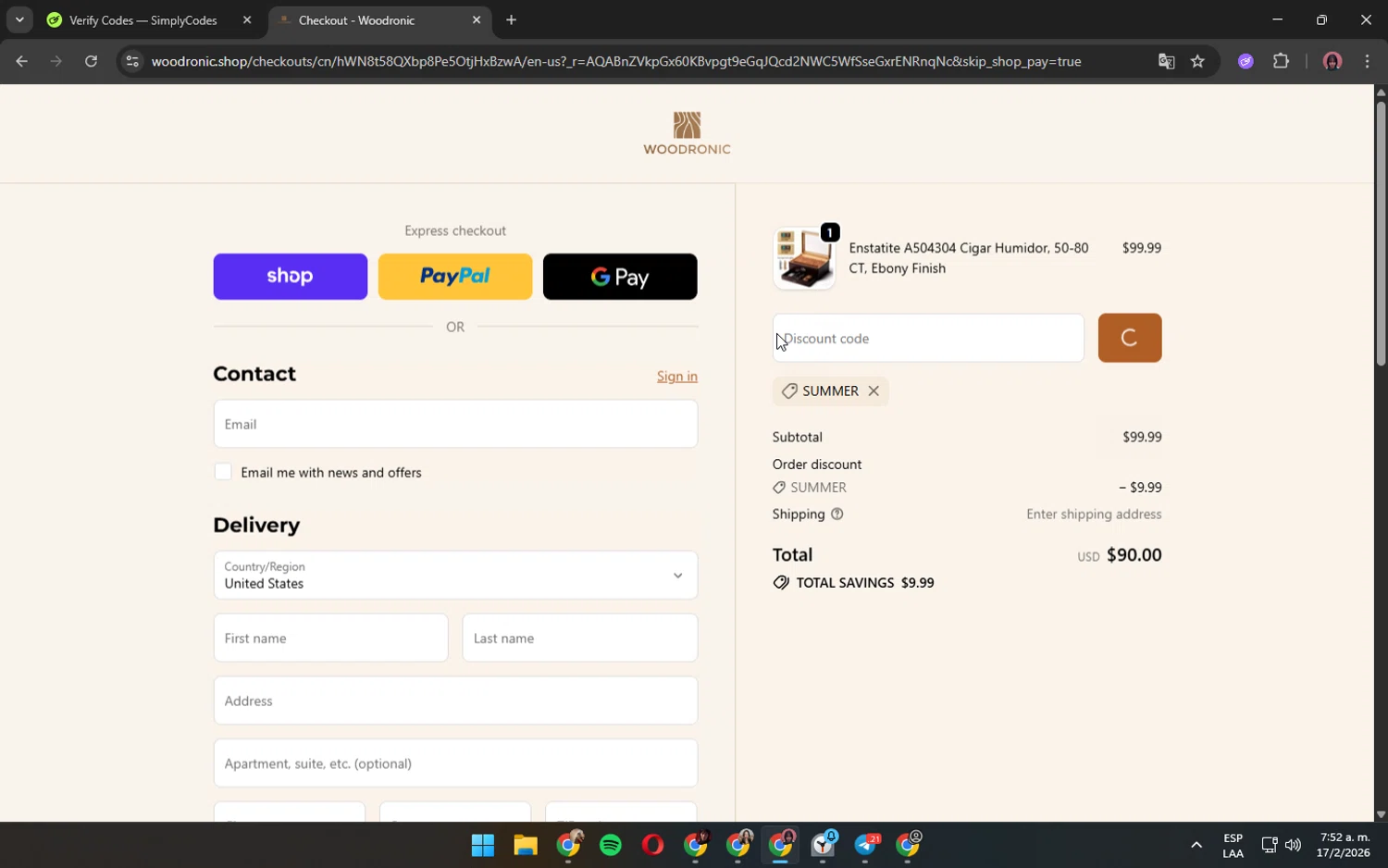 Woodronic promo code screenshot showing code SUMMER applied at Woodronic checkout page. Uploaded by SimplyCodes community member ShrewdPilot3521 on Feb 17, 2026
