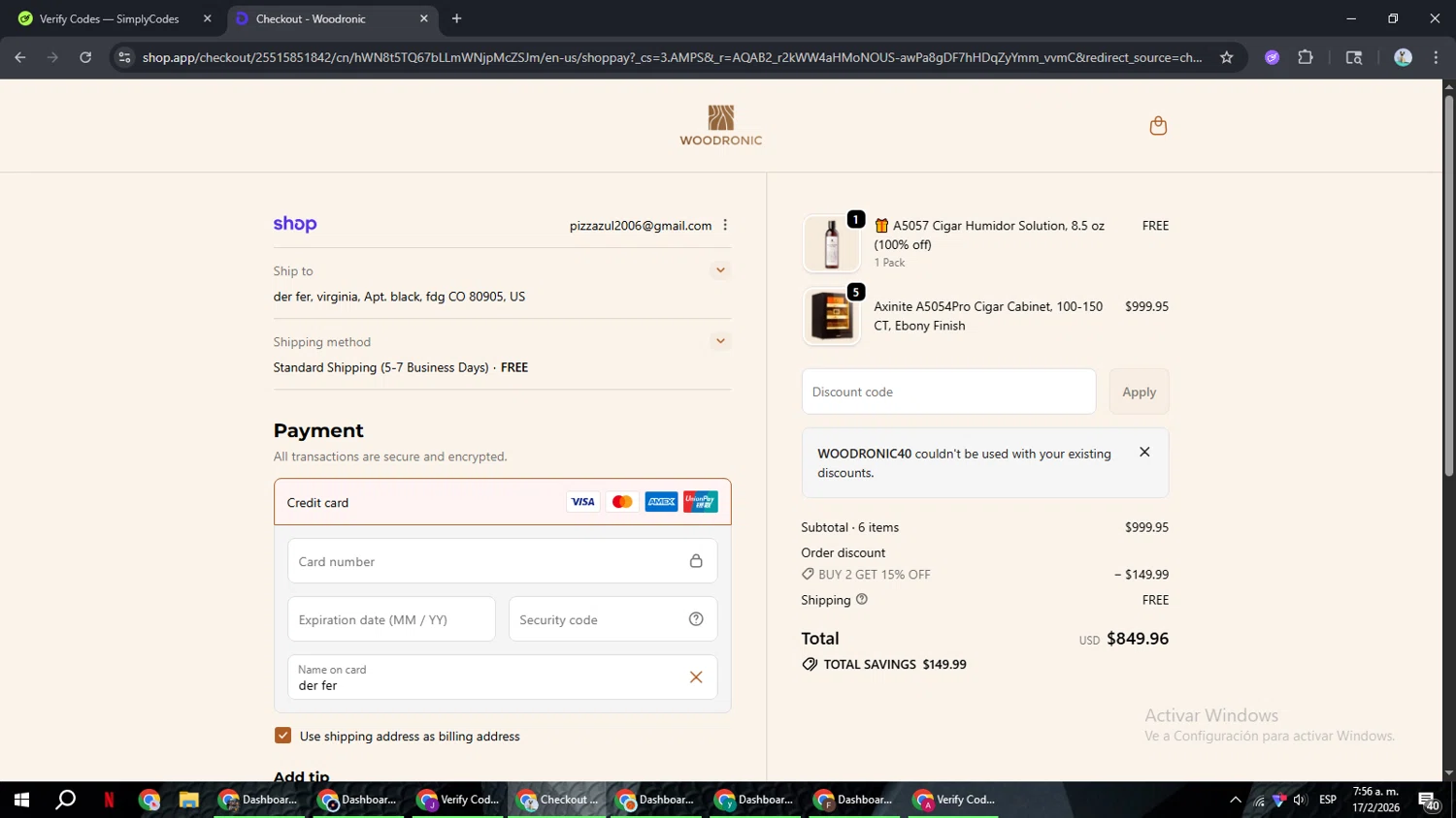 Woodronic promo code screenshot showing code woodronic40 applied at Woodronic checkout page. Uploaded by SimplyCodes community member ShrewdSeeker6165 on Feb 17, 2026