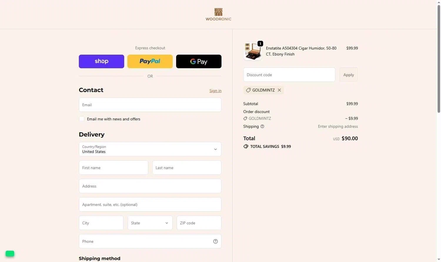 Woodronic promo code screenshot showing code GOLDMINTZ applied at Woodronic checkout page. Uploaded by SimplyCodes community member terricameron on Feb 17, 2026