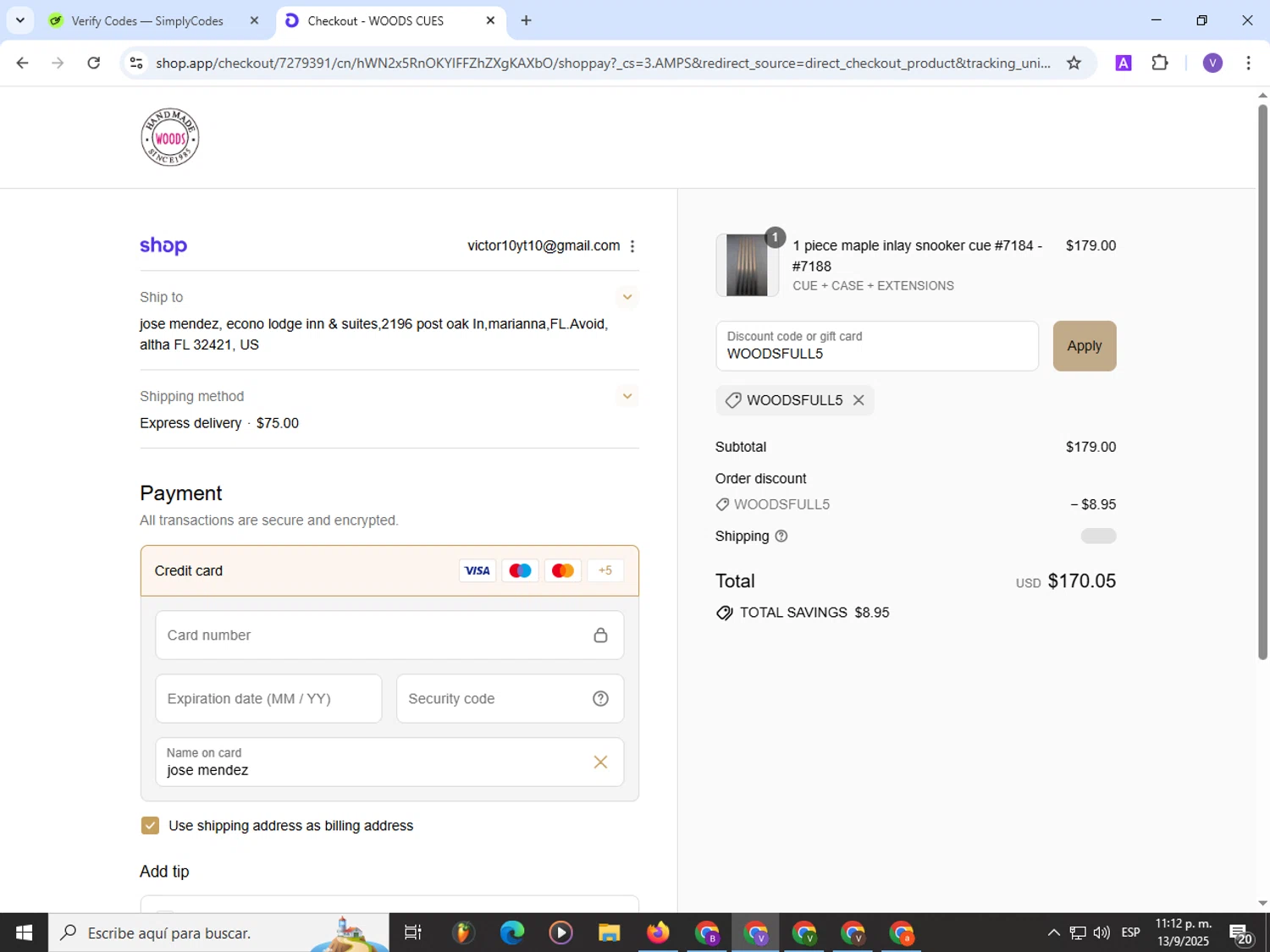Woods Cues discount code screenshot showing code WOODSFULL5 applied at Woods Cues checkout page. Uploaded by SimplyCodes community member Satoru_gojo on Sep 14, 2025