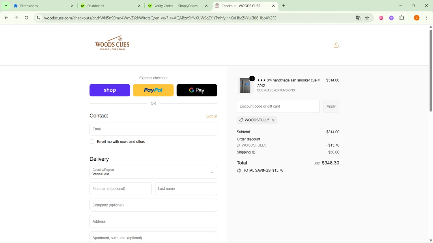 Woods Cues discount code screenshot showing code WOODSFULL5 applied at Woods Cues checkout page. Uploaded by SimplyCodes community member SavingsFinder9954 on Dec 8, 2025