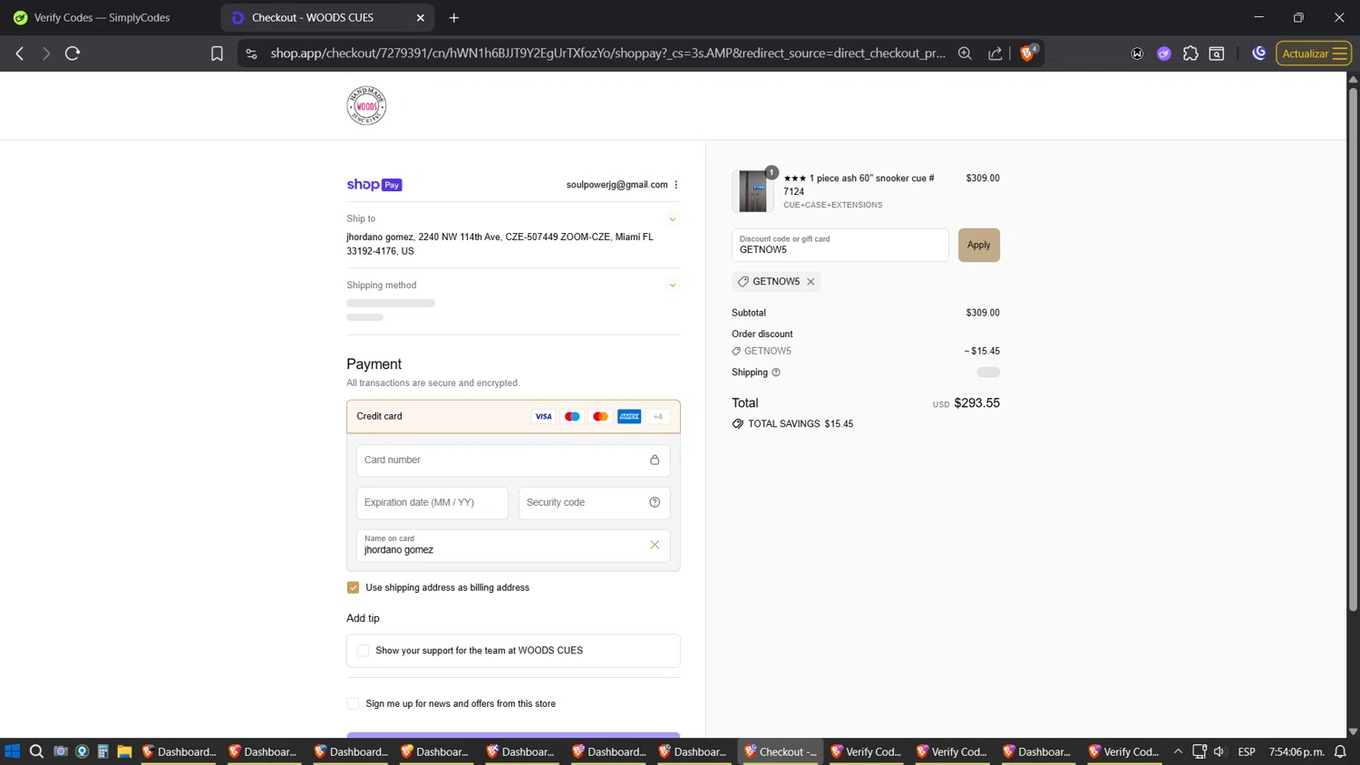 Woods Cues discount code screenshot showing code GETNOW5 applied at Woods Cues checkout page. Uploaded by SimplyCodes community member Amidamaru on Aug 11, 2025
