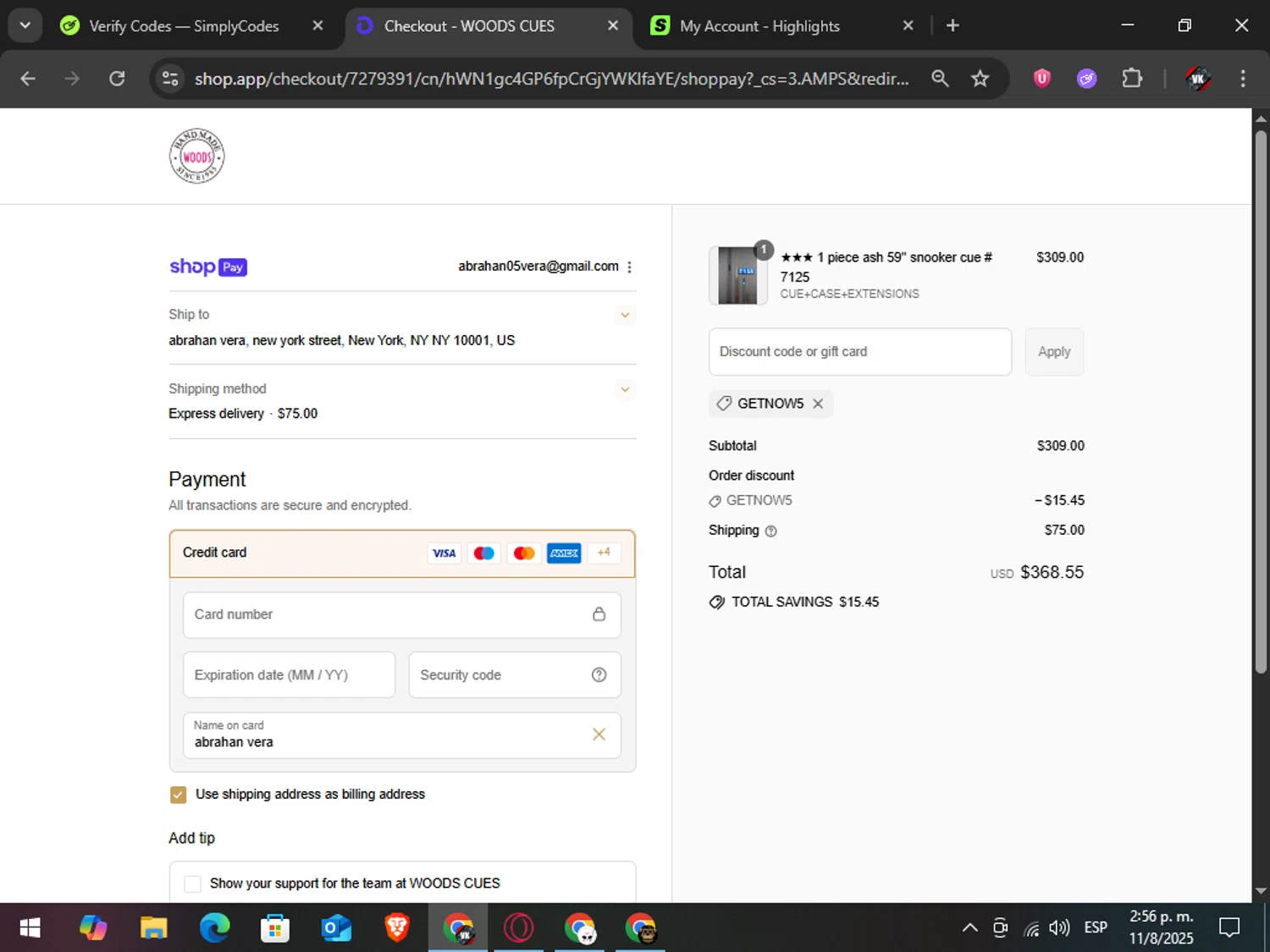 Woods Cues discount code screenshot showing code GETNOW5 applied at Woods Cues checkout page. Uploaded by SimplyCodes community member TreasureAdmiral6867 on Aug 11, 2025