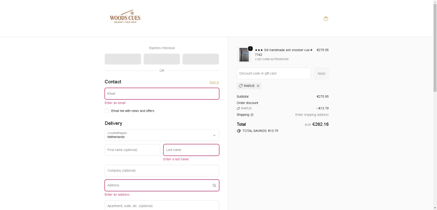 Woods Cues discount code screenshot showing code RARU5 applied at Woods Cues checkout page. Uploaded by SimplyCodes community member DerekRoberson on Oct 30, 2025