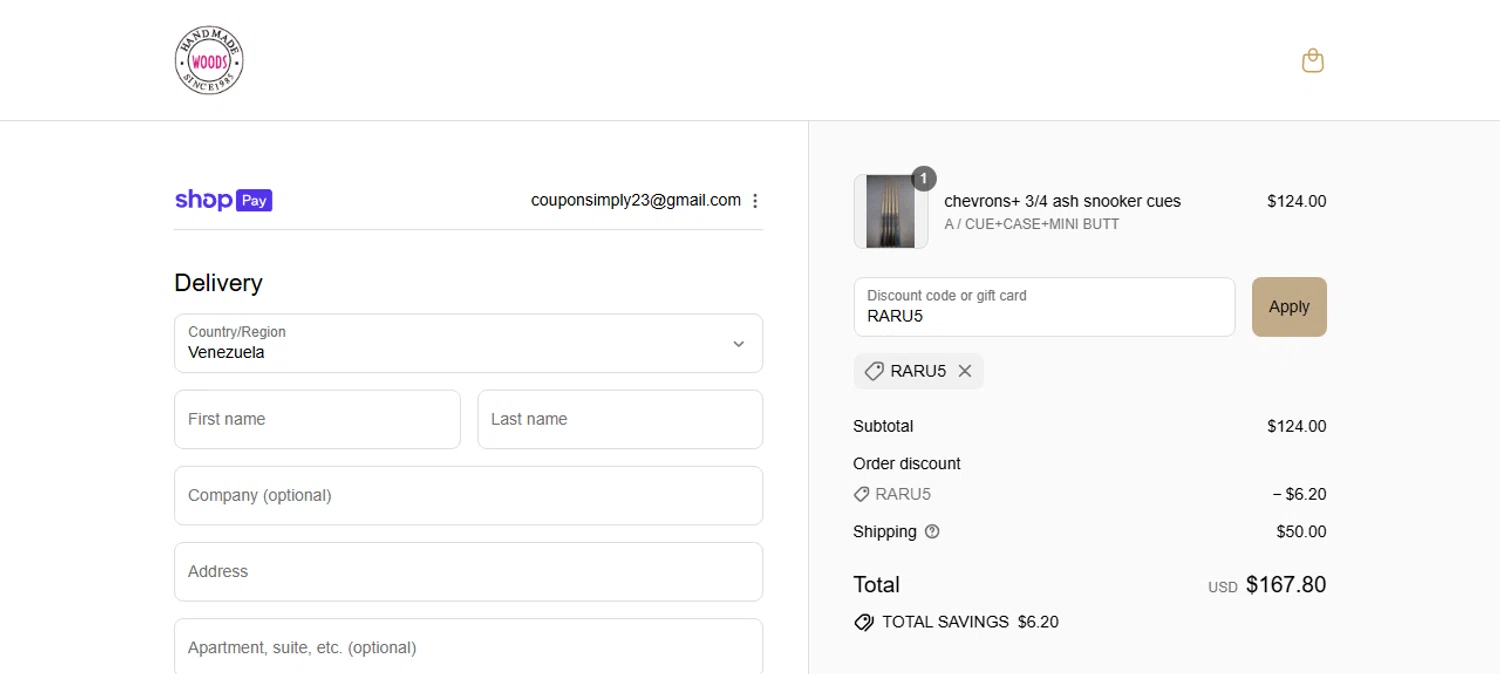 Woods Cues discount code screenshot showing code RARU5 applied at Woods Cues checkout page. Uploaded by SimplyCodes community member Vanecobyuv on Aug 3, 2025