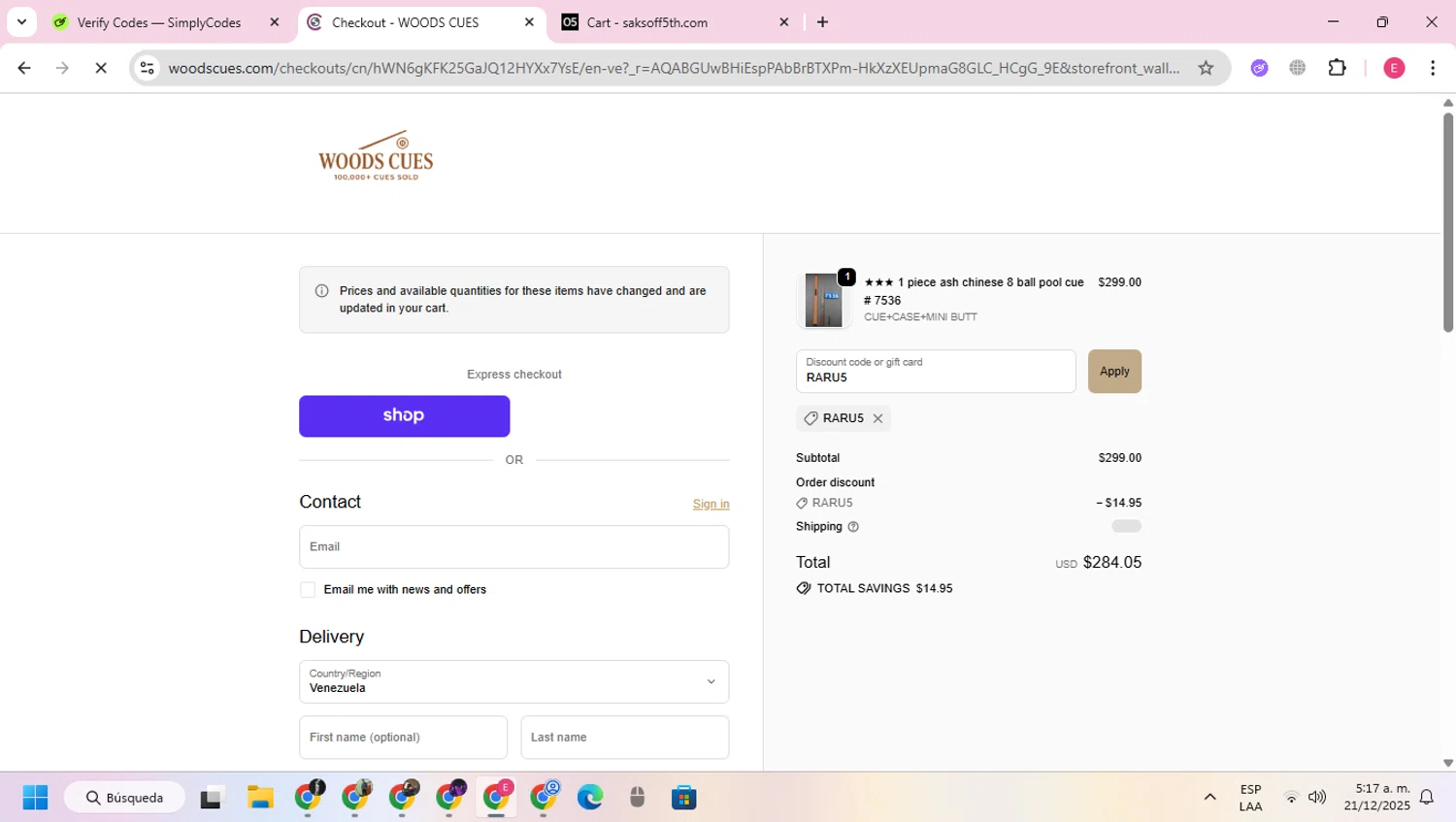 Woods Cues discount code screenshot showing code RARU5 applied at Woods Cues checkout page. Uploaded by SimplyCodes community member VoucherExpert2930 on Dec 21, 2025