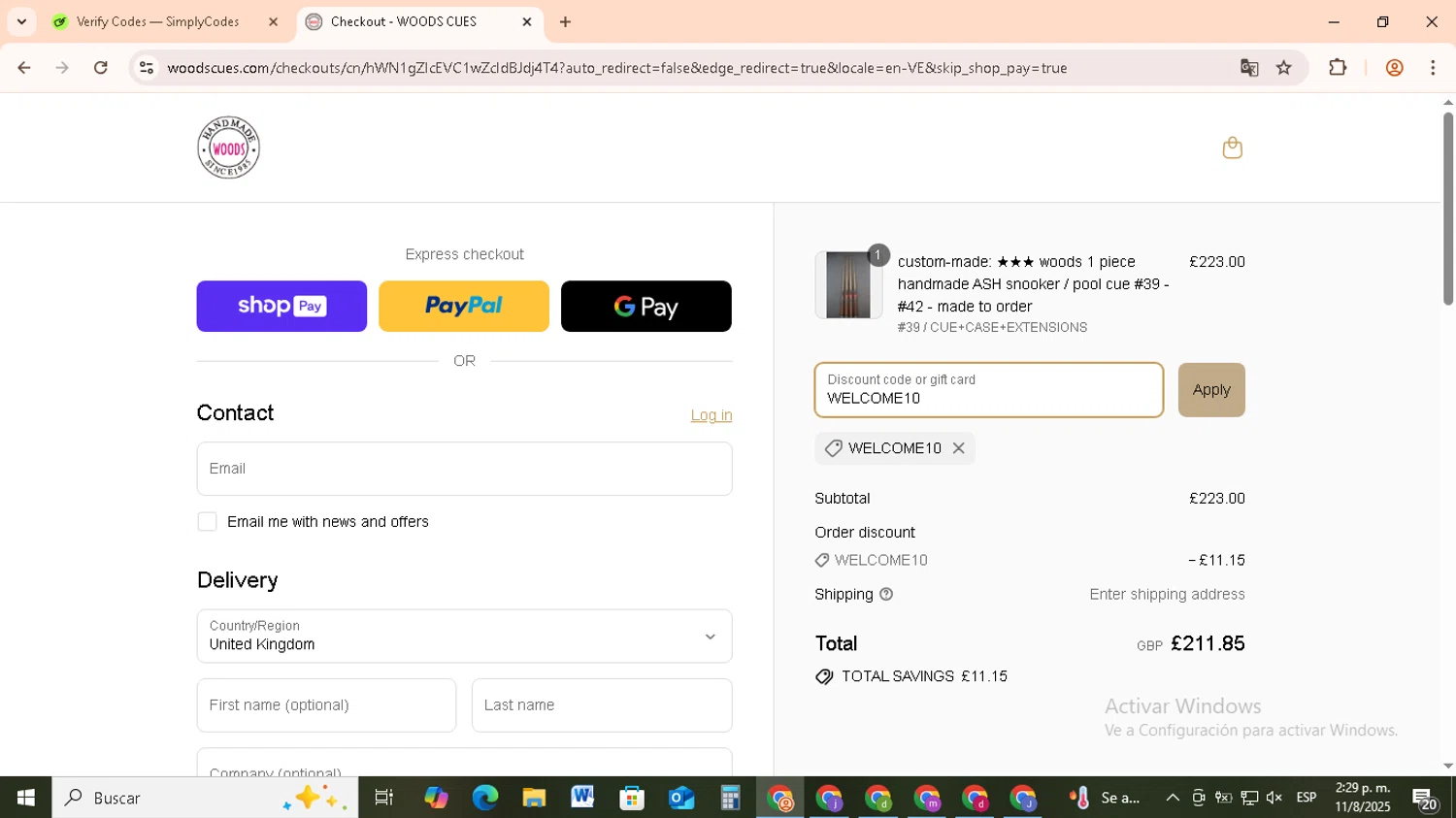 Woods Cues discount code screenshot showing code WELCOME10 applied at Woods Cues checkout page. Uploaded by SimplyCodes community member RebateCollector5909 on Aug 11, 2025