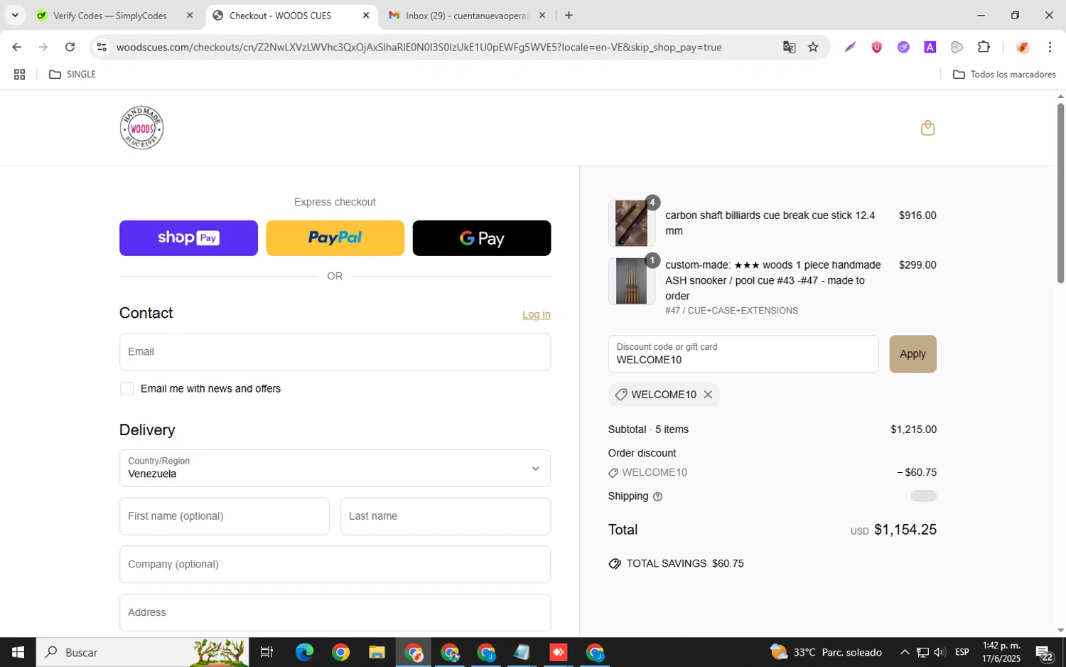 Woods Cues discount code screenshot showing code WELCOME10 applied at Woods Cues checkout page. Uploaded by SimplyCodes community member donaldJtrump on Jun 17, 2025