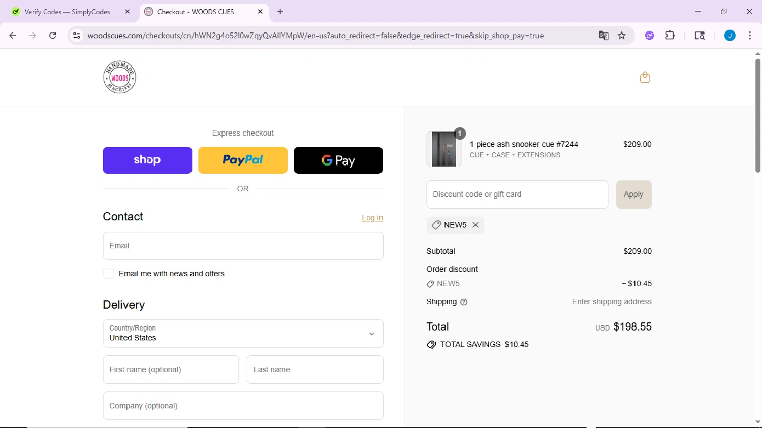 Woods Cues discount code screenshot showing code NEW5 applied at Woods Cues checkout page. Uploaded by SimplyCodes community member CodeLynx3161 on Sep 6, 2025