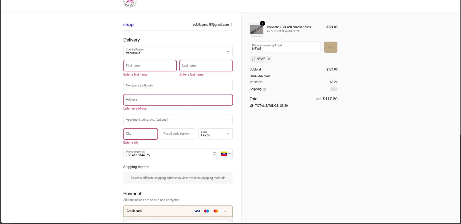 Woods Cues discount code screenshot showing code NEW5 applied at Woods Cues checkout page. Uploaded by SimplyCodes community member FrugalElite775 on Sep 23, 2025