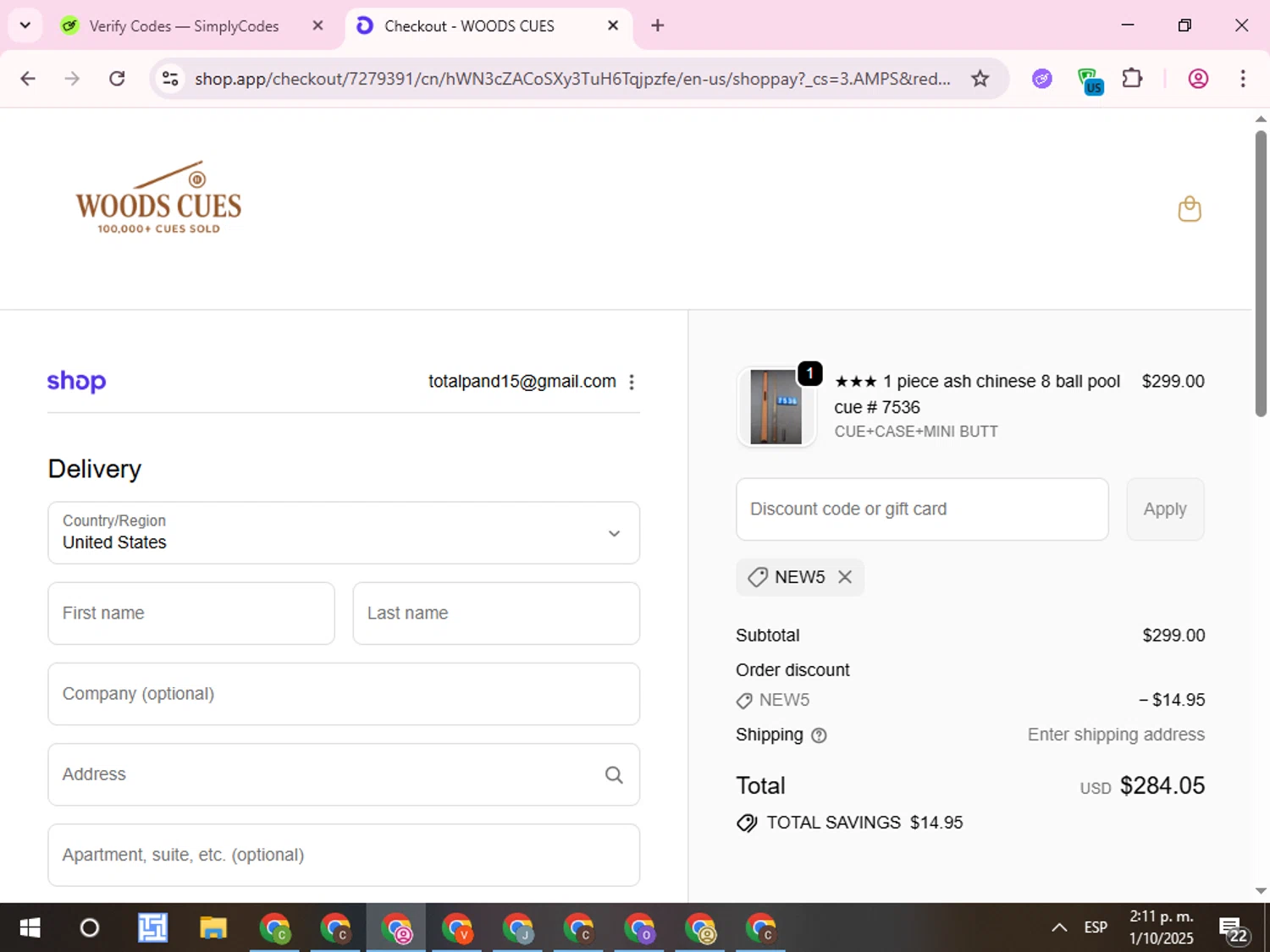 Woods Cues discount code screenshot showing code NEW5 applied at Woods Cues checkout page. Uploaded by SimplyCodes community member QuestCurator1644 on Oct 1, 2025