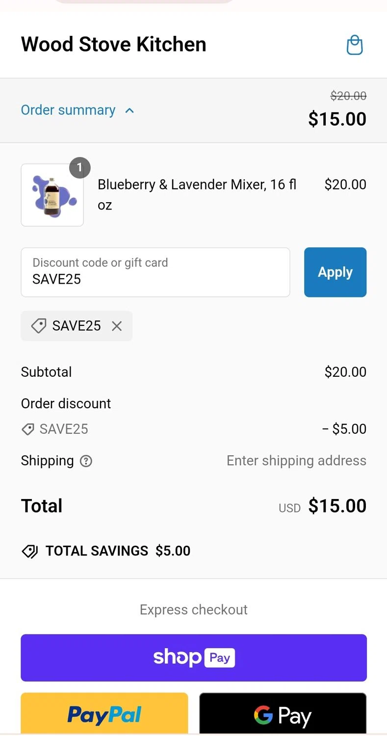 Wood Stove Kitchen promo code screenshot showing code SAVE25 applied at Wood Stove Kitchen checkout page. Uploaded by SimplyCodes community member JuanMonge on Dec 28, 2024