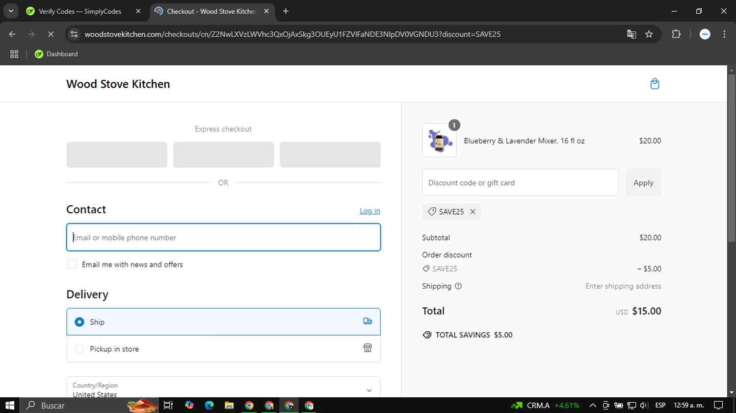 Wood Stove Kitchen promo code screenshot showing code SAVE25 applied at Wood Stove Kitchen checkout page. Uploaded by SimplyCodes community member EpicTracker1394 on Jan 10, 2025