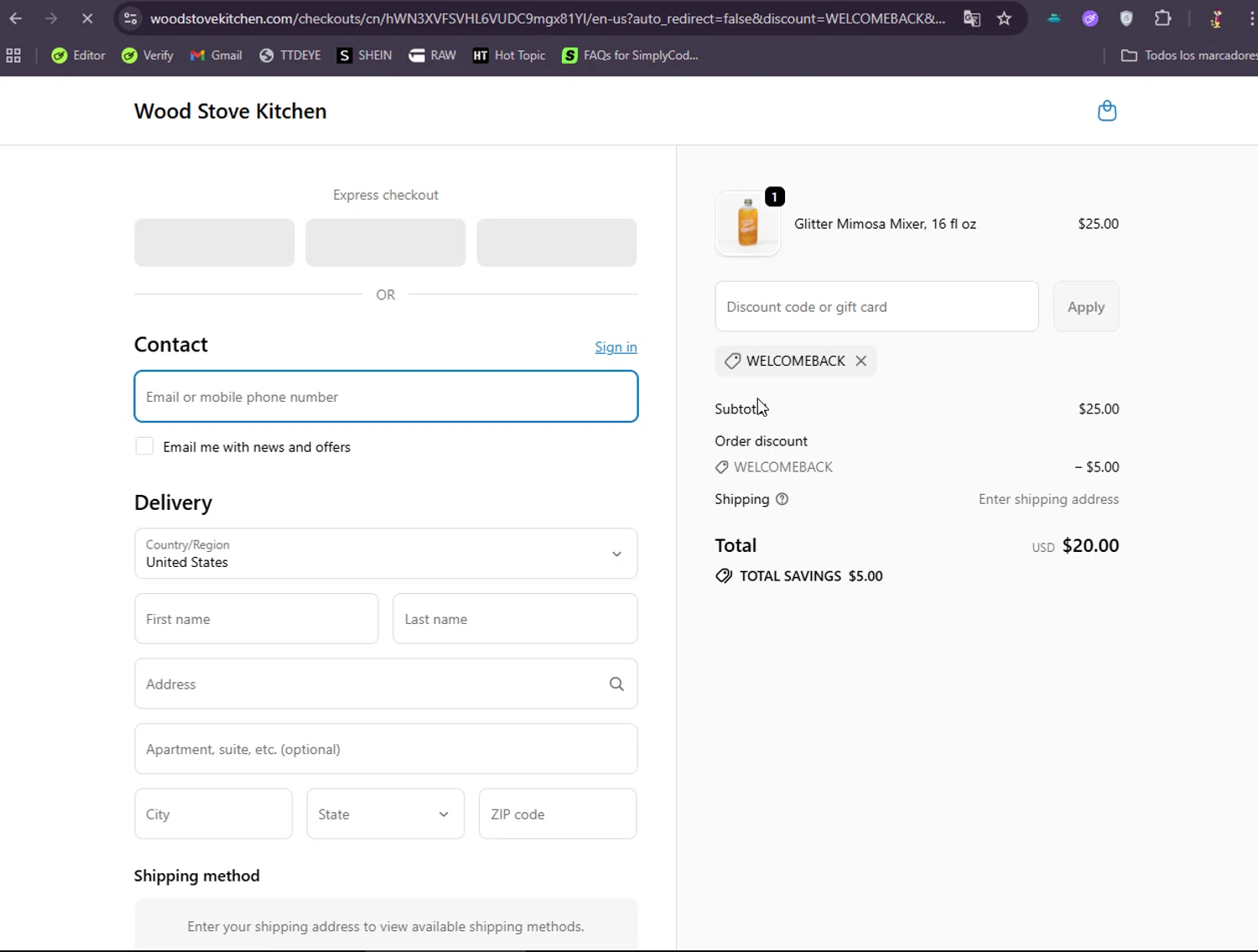 Wood Stove Kitchen promo code screenshot showing code WELCOMEBACK applied at Wood Stove Kitchen checkout page. Uploaded by SimplyCodes community member DonGato on Sep 29, 2025
