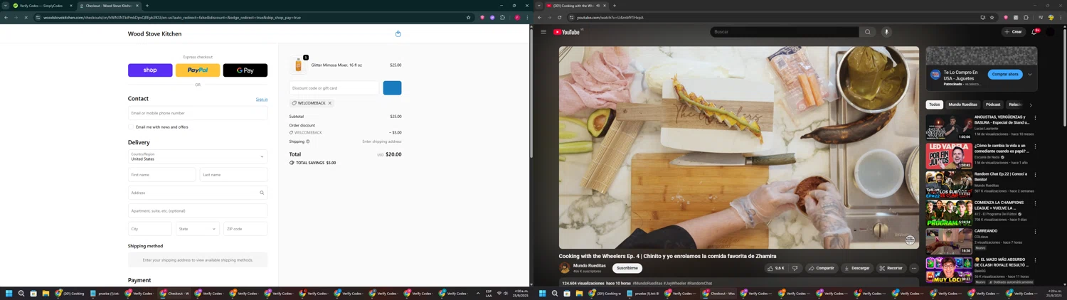 Wood Stove Kitchen promo code screenshot showing code WELCOMEBACK applied at Wood Stove Kitchen checkout page. Uploaded by SimplyCodes community member ExtraordinaryVirtuoso281 on Sep 25, 2025