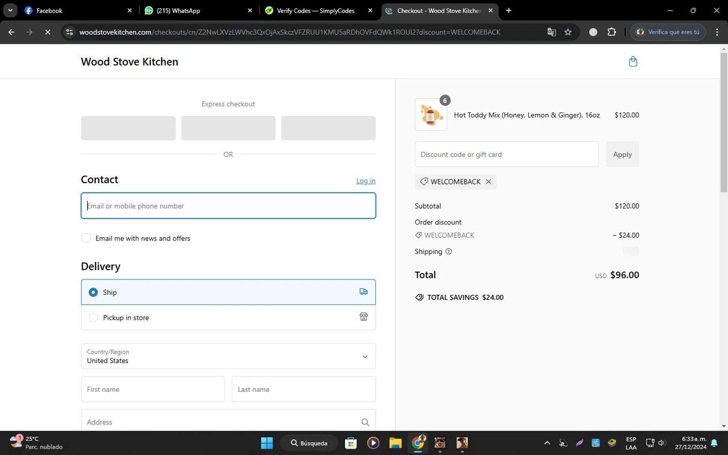 Wood Stove Kitchen promo code screenshot showing code WELCOMEBACK applied at Wood Stove Kitchen checkout page. Uploaded by SimplyCodes community member Tralalelo on Dec 27, 2024