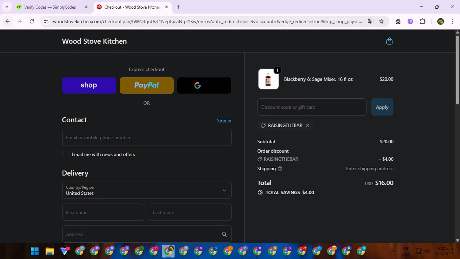 Wood Stove Kitchen promo code screenshot showing code RAISINGTHEBAR applied at Wood Stove Kitchen checkout page. Uploaded by SimplyCodes community member RewardNavigator9728 on Oct 3, 2025