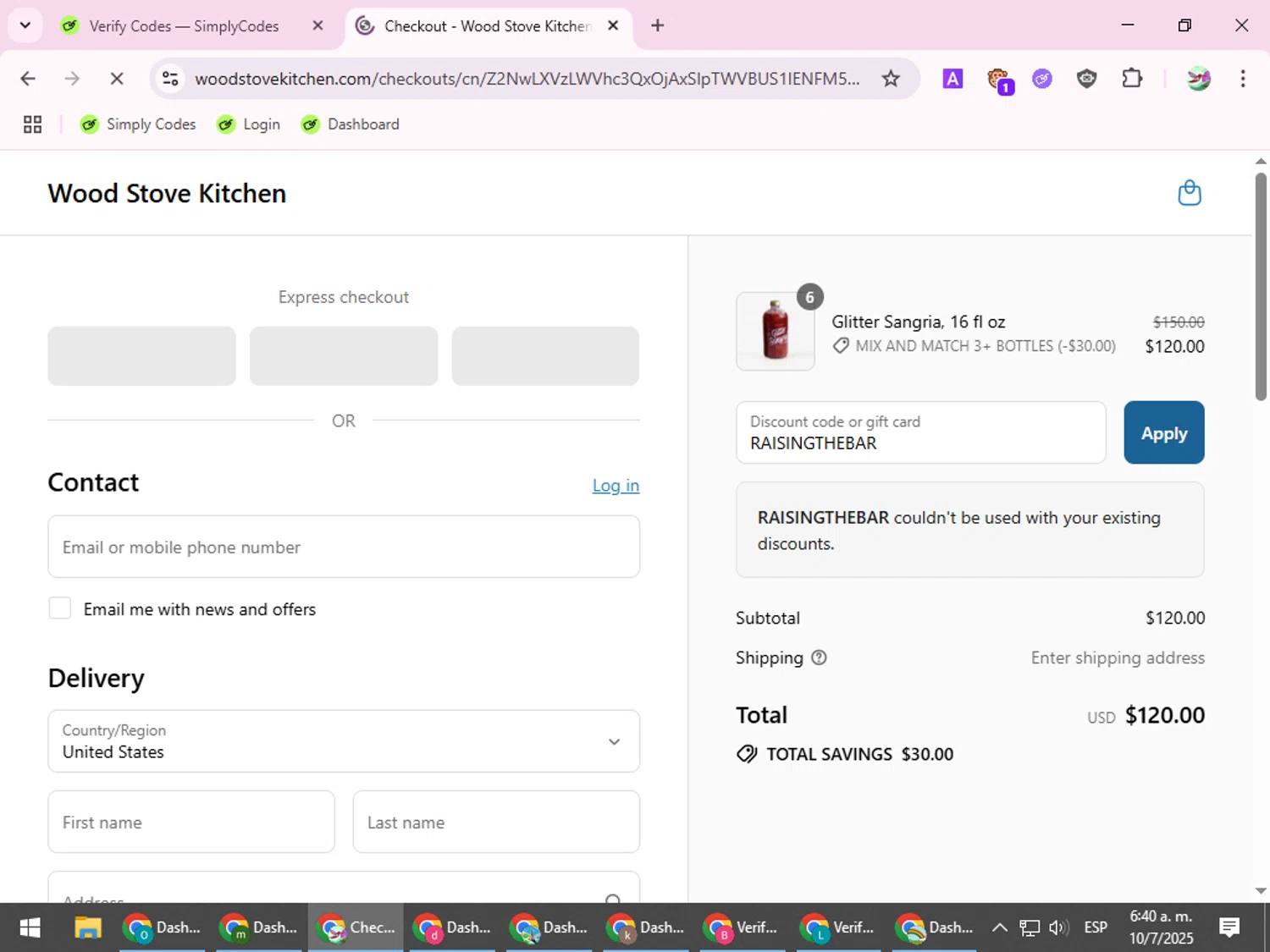 Wood Stove Kitchen promo code screenshot showing code RAISINGTHEBAR applied at Wood Stove Kitchen checkout page. Uploaded by SimplyCodes community member SilverExpert5694 on Jul 10, 2025