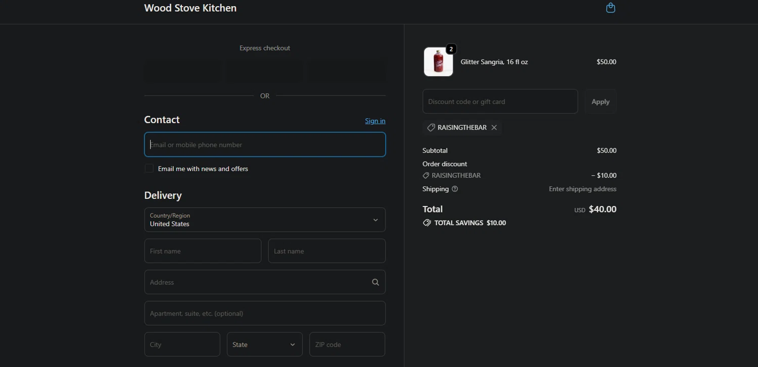 Wood Stove Kitchen promo code screenshot showing code RAISINGTHEBAR applied at Wood Stove Kitchen checkout page. Uploaded by SimplyCodes community member TreasureMaestro5413 on Oct 3, 2025