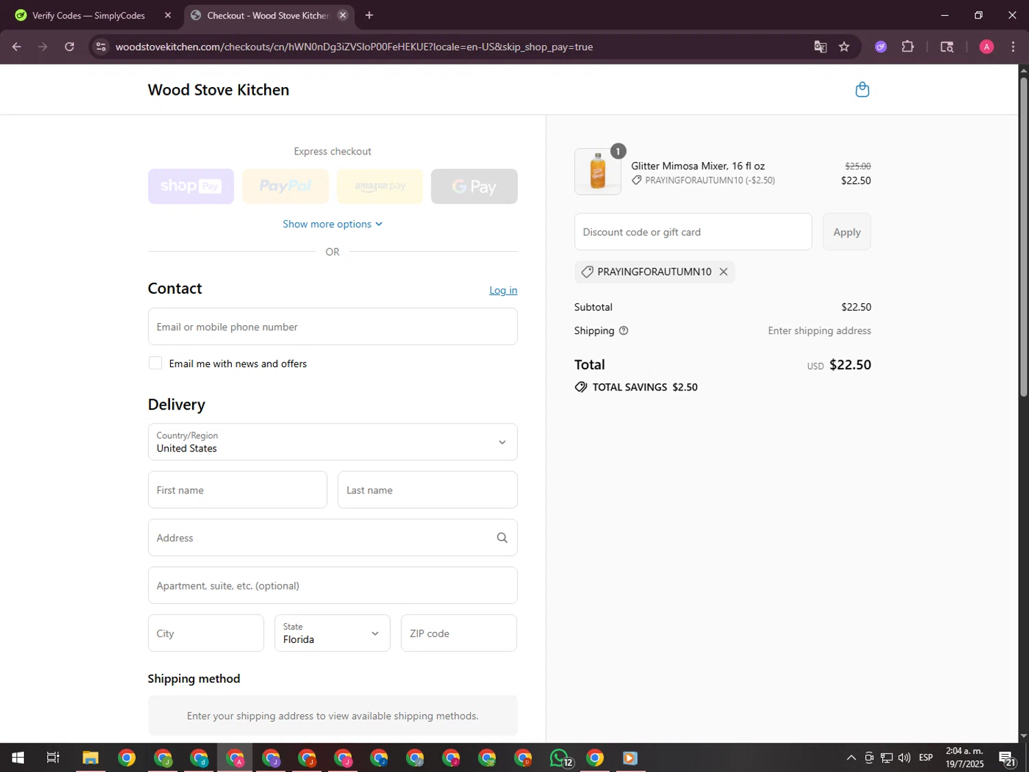 Wood Stove Kitchen promo code screenshot showing code PRAYINGFORAUTUMN10 applied at Wood Stove Kitchen checkout page. Uploaded by SimplyCodes community member CrownHawk3462 on Jul 19, 2025