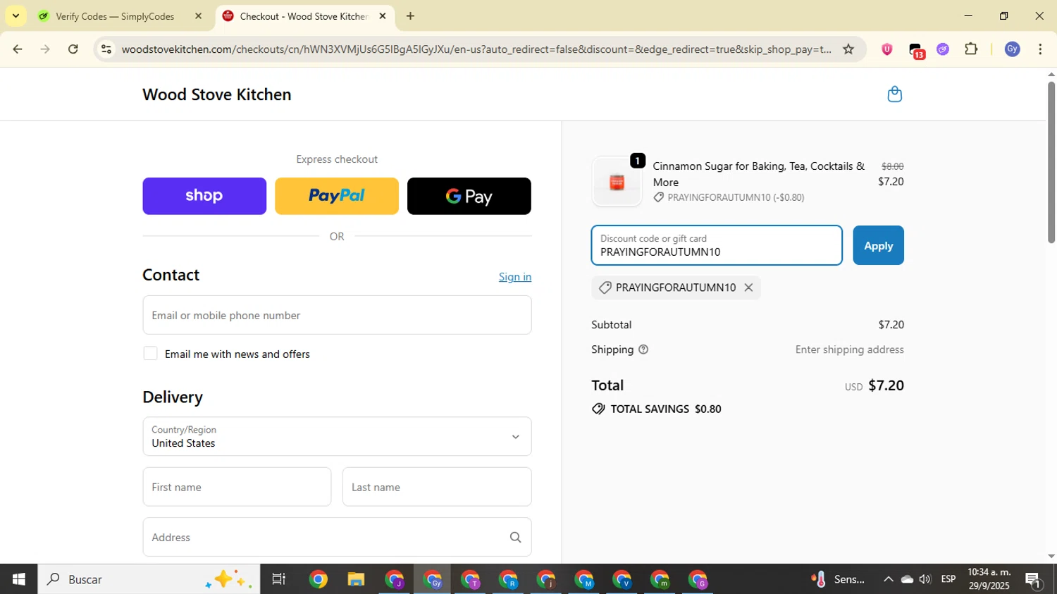 Wood Stove Kitchen promo code screenshot showing code PRAYINGFORAUTUMN10 applied at Wood Stove Kitchen checkout page. Uploaded by SimplyCodes community member FrugalOwl962 on Sep 29, 2025
