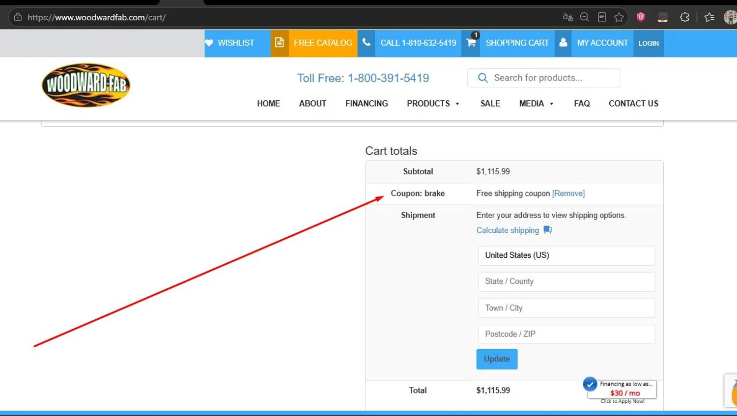 Woodward Fab promo code screenshot showing code BRAKE applied at Woodward Fab checkout page. Uploaded by SimplyCodes community member HonestVzla on May 26, 2026