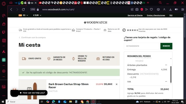 WoodWatch checkout page showing WoodWatch promo code box | Screenshot taken by SimplyCodes community member on Oct 20, 2024