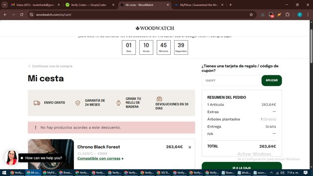 WoodWatch checkout page showing WoodWatch promo code box | Screenshot taken by SimplyCodes community member on May 24, 2025
