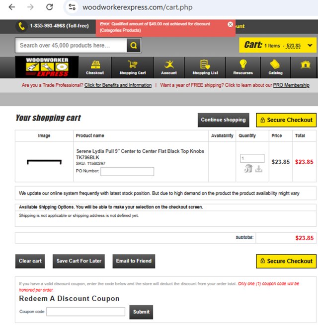 Woodworker Express checkout page showing Woodworker Express promo code box | Screenshot taken by SimplyCodes community member on Sep 3, 2025