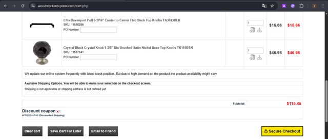 Woodworker Express checkout page showing Woodworker Express promo code box | Screenshot taken by SimplyCodes community member on Aug 20, 2025