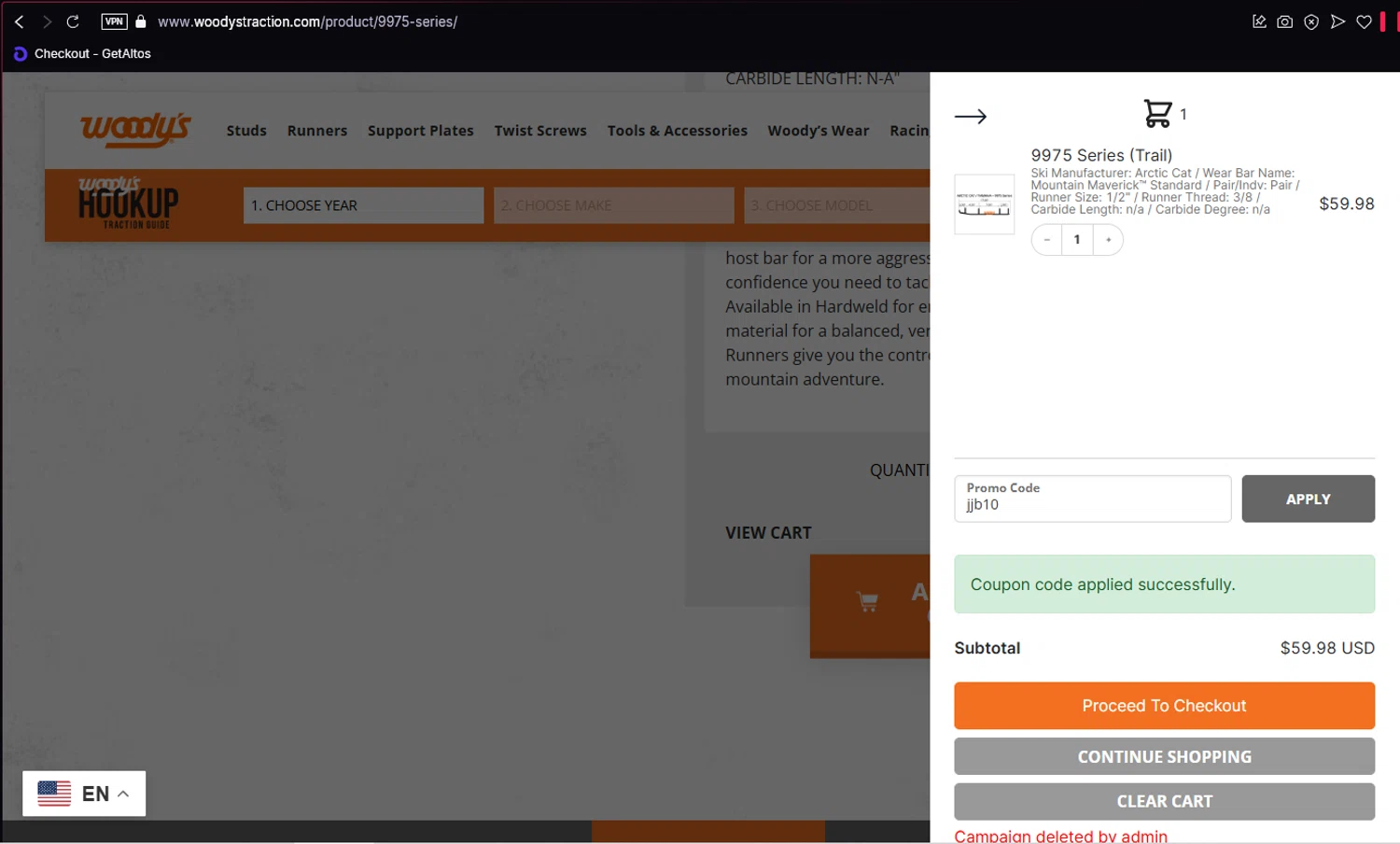 Woody's Traction checkout page showing Woody's Traction promo code box | Screenshot taken by SimplyCodes community member on Apr 10, 2025
