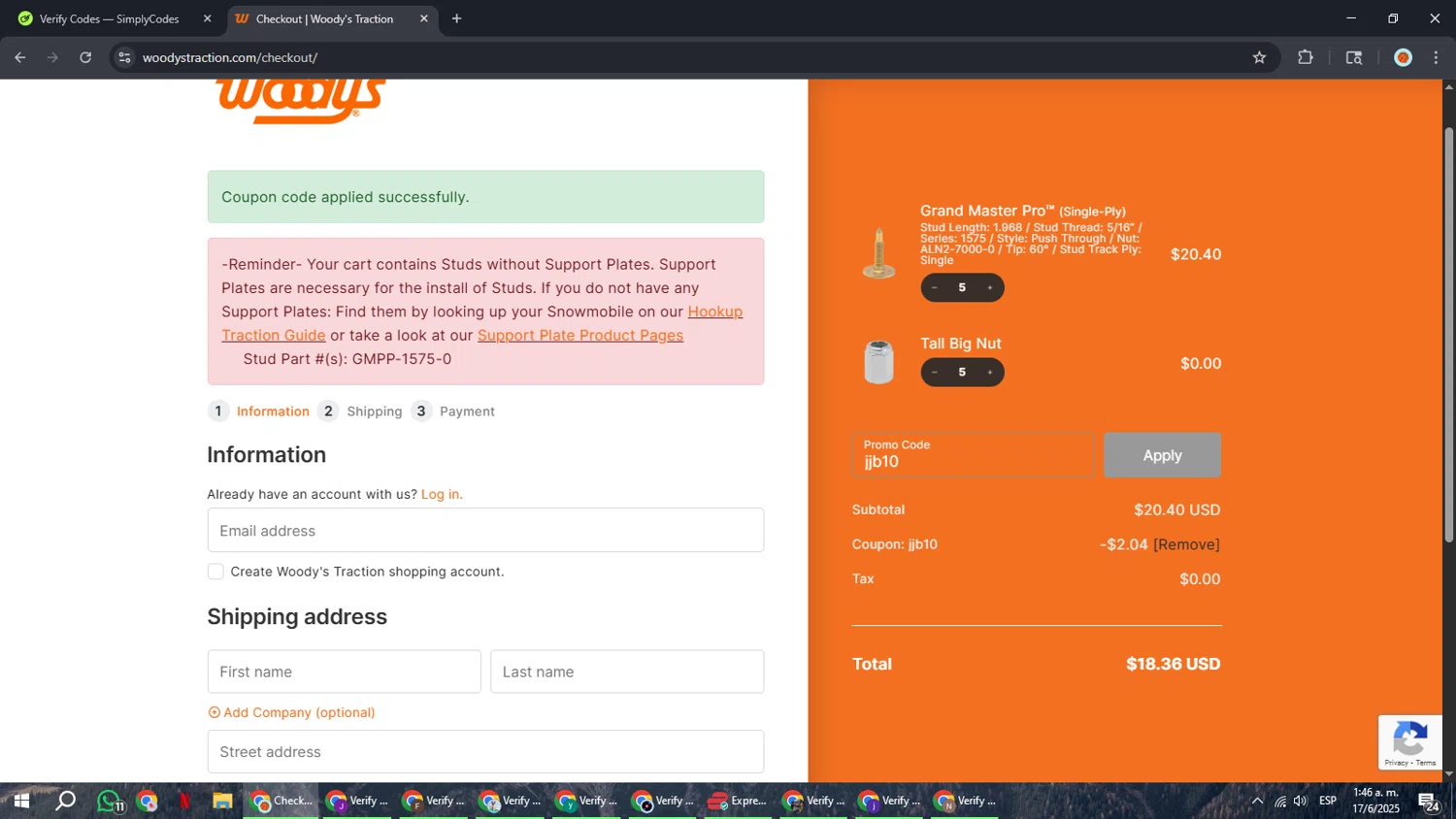 Woody's Traction promo code screenshot showing code jjb10 applied at Woody's Traction checkout page. Uploaded by SimplyCodes community member BonusCaptain9927 on Jun 17, 2025
