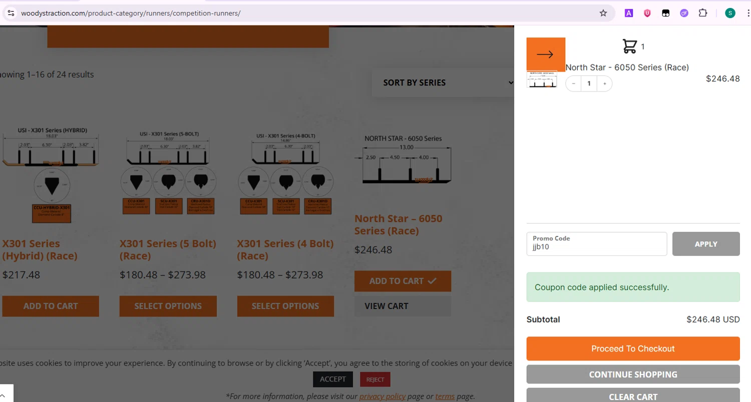 Woody's Traction checkout page showing Woody's Traction promo code box | Screenshot taken by SimplyCodes community member on Jun 10, 2025