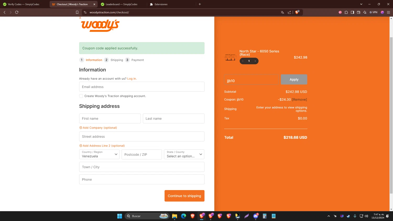 Woody's Traction checkout page showing Woody's Traction promo code box | Screenshot taken by SimplyCodes community member on Dec 15, 2024