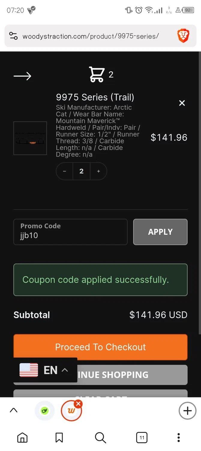 Woody's Traction promo code screenshot showing code jjb10 applied at Woody's Traction checkout page. Uploaded by SimplyCodes community member WhenEresMaik on Jun 24, 2025