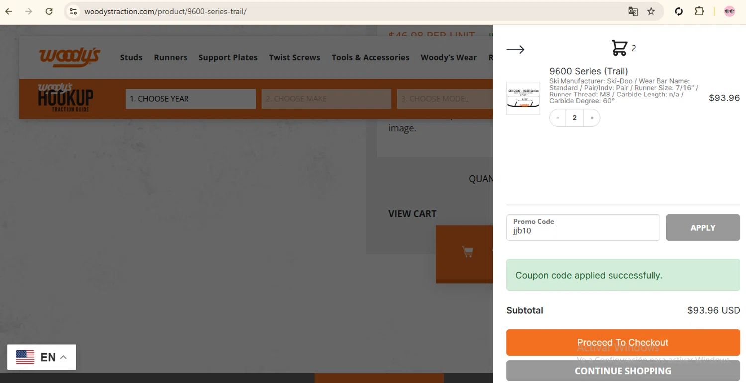 Woody's Traction checkout page showing Woody's Traction promo code box | Screenshot taken by SimplyCodes community member on Mar 12, 2025