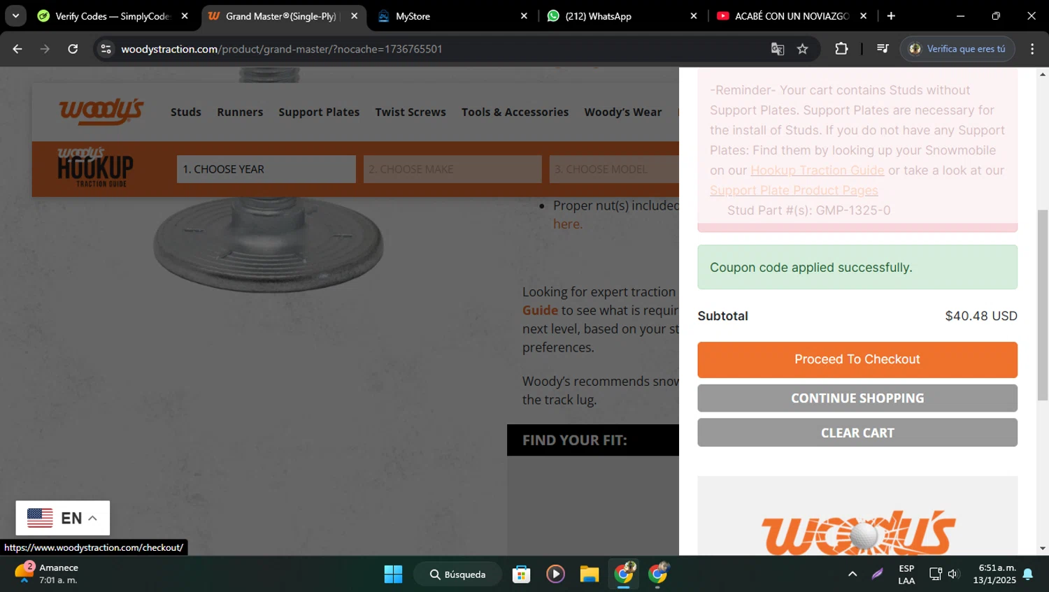 Woody's Traction checkout page showing Woody's Traction promo code box | Screenshot taken by SimplyCodes community member on Jan 13, 2025