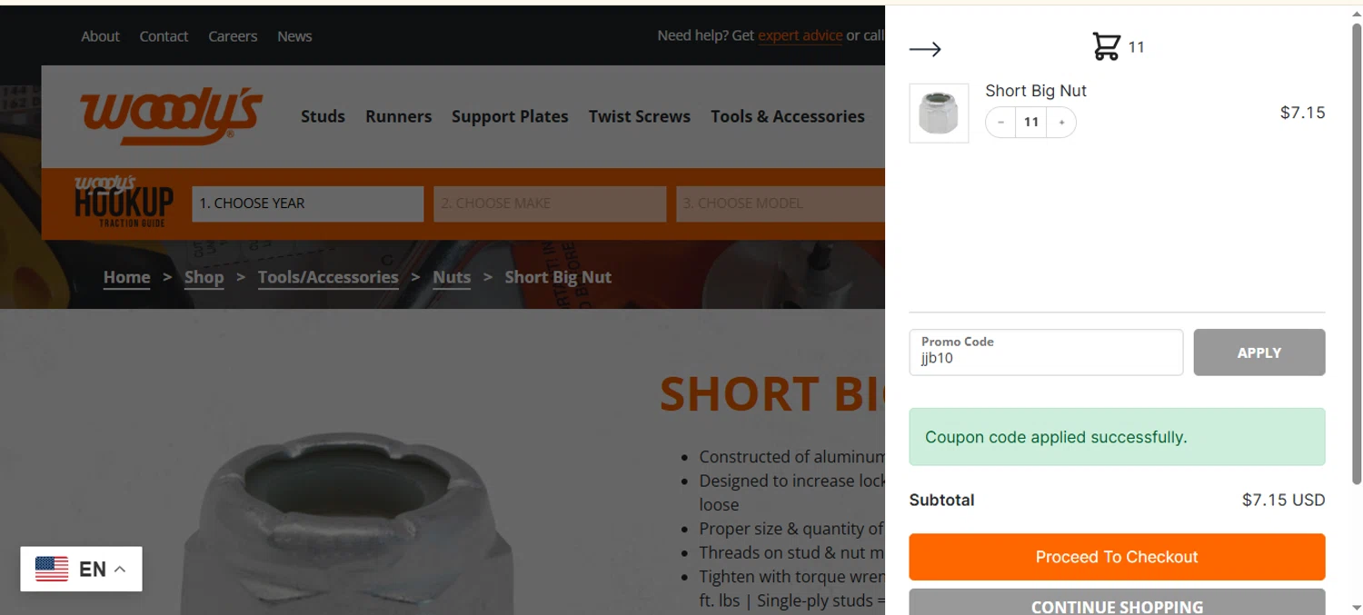 Woody's Traction checkout page showing Woody's Traction promo code box | Screenshot taken by SimplyCodes community member on May 20, 2025