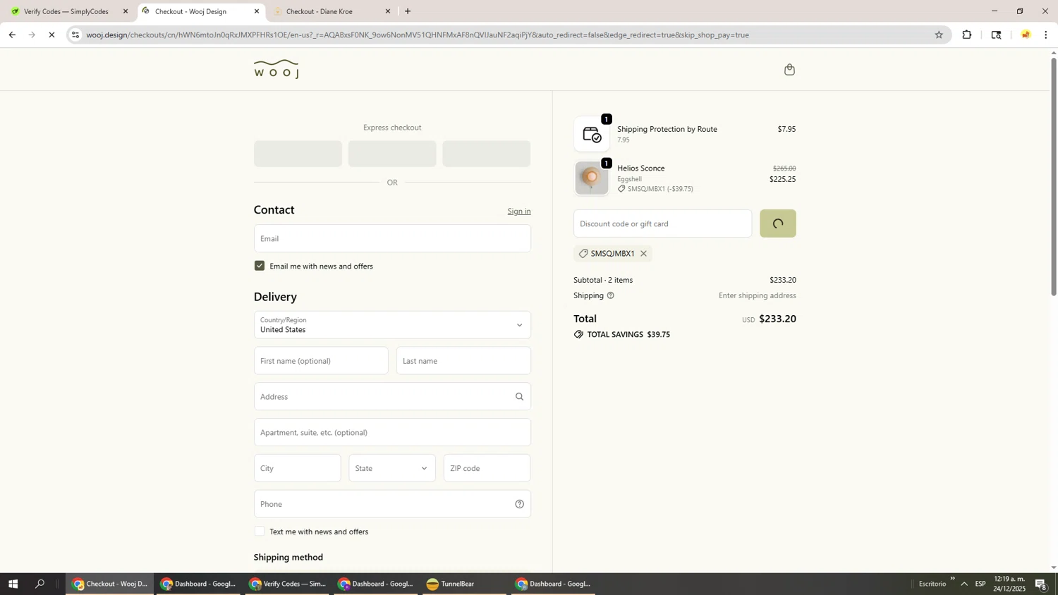 Wooj Design promo code screenshot showing code smsqjmbx1 applied at Wooj Design checkout page. Uploaded by SimplyCodes community member Richard251 on Dec 24, 2025