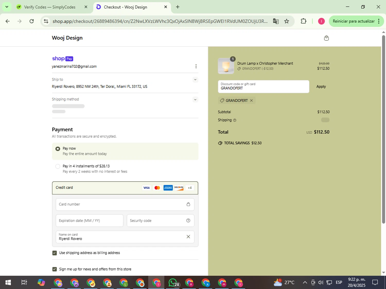 Wooj Design promo code screenshot showing code GRANDOFERT applied at Wooj Design checkout page. Uploaded by SimplyCodes community member FortunateExpert1626 on Apr 21, 2025