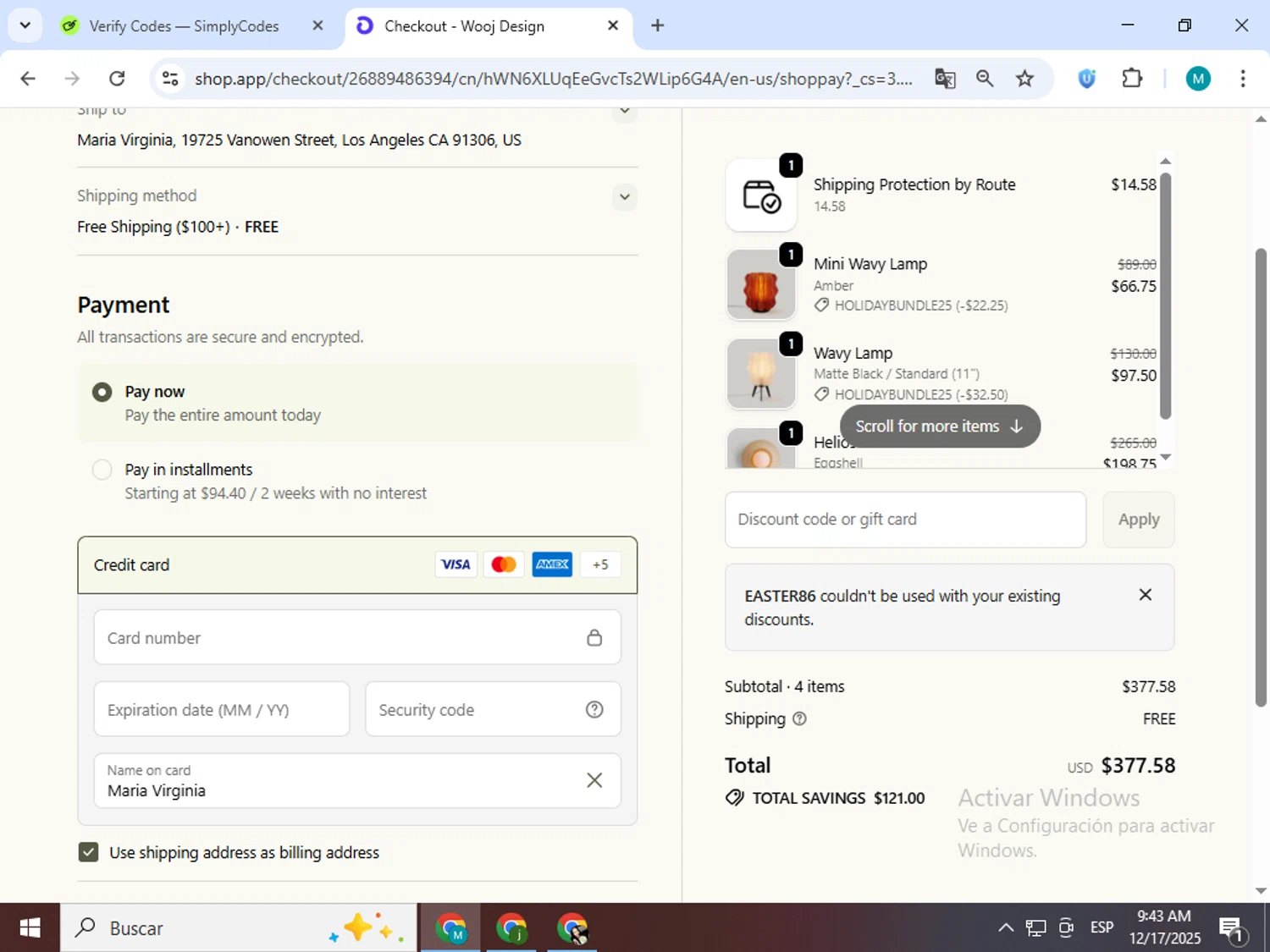 Wooj Design promo code screenshot showing code EASTER86 applied at Wooj Design checkout page. Uploaded by SimplyCodes community member estrellaveloz on Dec 17, 2025