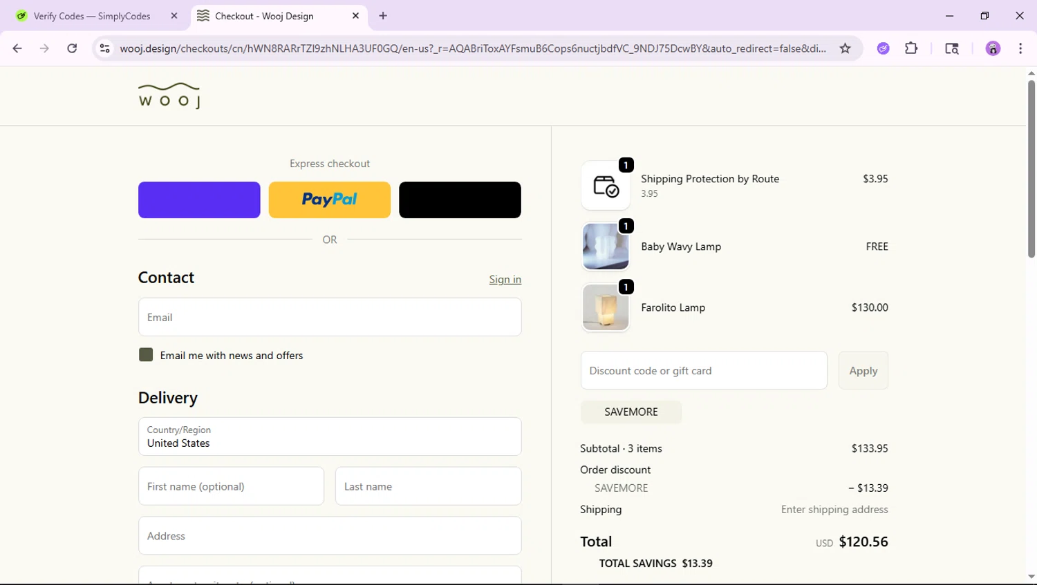 Wooj Design checkout page showing Wooj Design promo code box | Screenshot taken by SimplyCodes community member on Feb 5, 2026