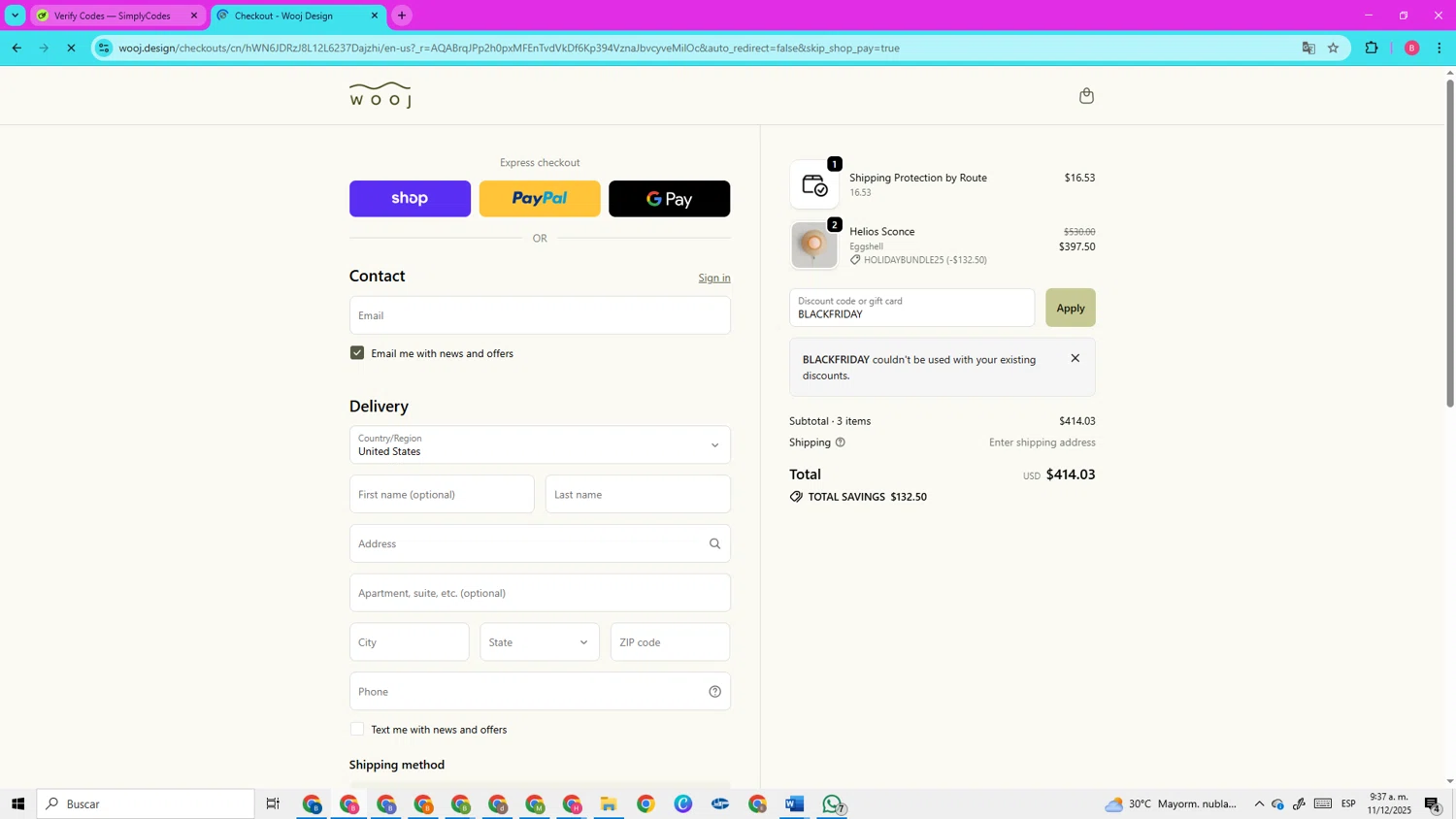 Wooj Design promo code screenshot showing code BLACKFRIDAY applied at Wooj Design checkout page. Uploaded by SimplyCodes community member CleverElite3562 on Dec 11, 2025
